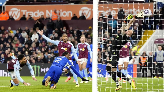 Chelseas Axel Disasi (second left) scores their sides third goal of the game before ruled out for a foul via VAR during the Premier League match at Villa Park, Birmingham. Picture date: Saturday April 27, 2024. (Photo by Nick Potts/PA Images via Getty Images)