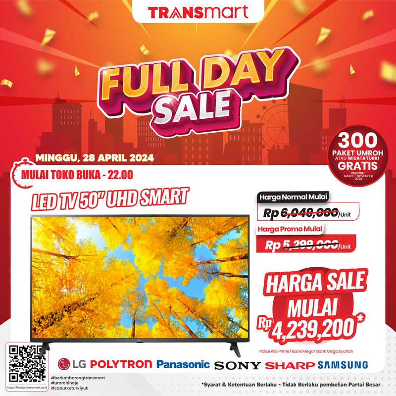 Promo Transsmart Seharian Kembali hadir pada Minggu 21 April 2024.  Salah satunya adalah TV LED 50 buah