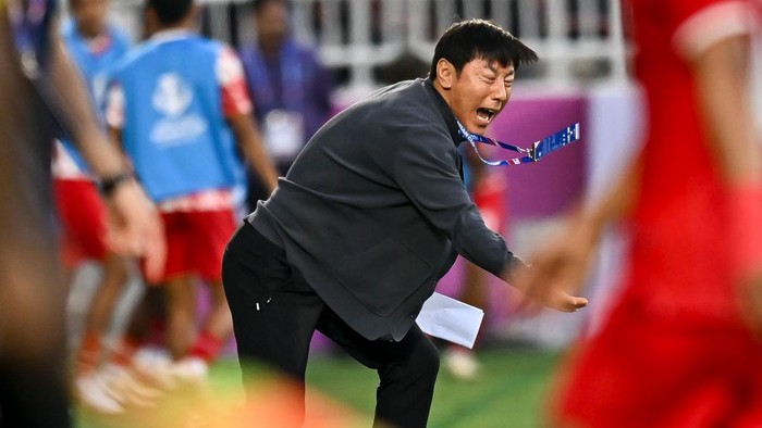 Shin Tae Yong the Head Coach of Indonesia reacting during the AFC U23 Asian Cup Qatar 2024 Semi Final match between Indonesia and Uzbekistan at Abdullah Bin Khalifa Stadium in Doha, Qatar, on April 29, 2024. 

 (Photo by Noushad Thekkayil/NurPhoto via Getty Images)