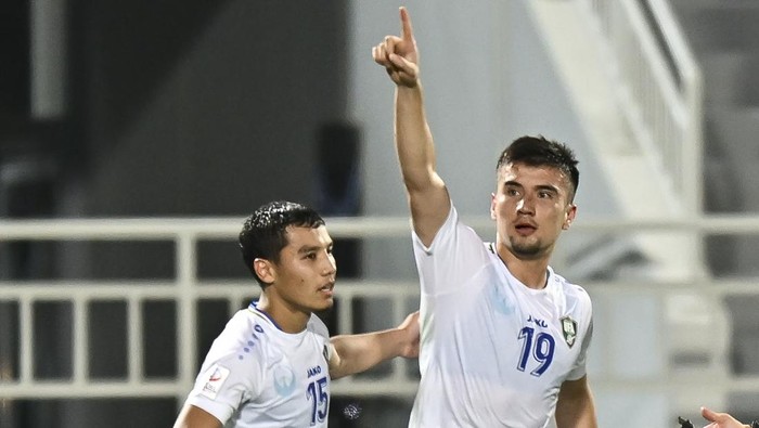 Husain Norchaev of Uzbekistan  is celebrating after scoring a goal during the AFC U23 Asian Cup Qatar 2024 Semi Final match between Indonesia and Uzbekistan at Abdullah Bin Khalifa Stadium in Doha, Qatar, on April 29, 2024. 



 (Photo by Noushad Thekkayil/NurPhoto via Getty Images)