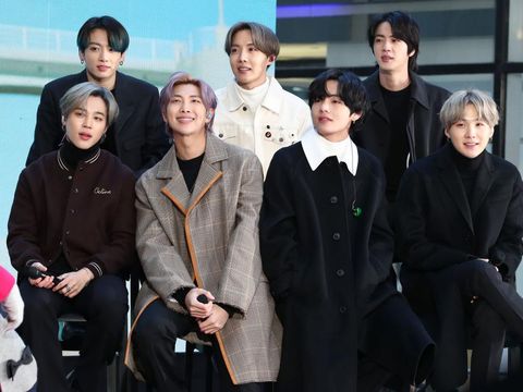 NEW YORK, NEW YORK - FEBRUARY 21:  (L-R) Jimin, Jungkook, RM, J-Hope, V, Jin, and SUGA of the K-pop boy band BTS visit the 