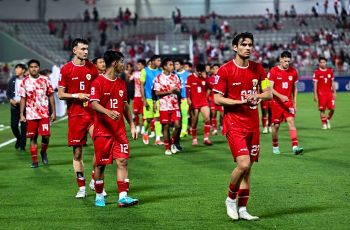 Players from Indonesia are expressing their dejection after the AFC U23 Asian Cup Qatar 2024 Semi-Final match between Indonesia and Uzbekistan at Abdullah Bin Khalifa Stadium in Doha, Qatar, on April 29, 2024. (Photo by Noushad Thekkayil/NurPhoto via Getty Images)