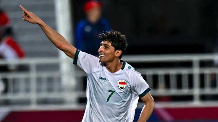 Ali Jasim Elaib of Iraq is celebrating after scoring a goal during the AFC U23 Asian Cup Qatar 2024 third-place match between Indonesia and Iraq at Abdullah Bin Khalifa Stadium in Doha, Qatar, on May 2, 2024. (Photo by Noushad Thekkayil/NurPhoto via Getty Images)