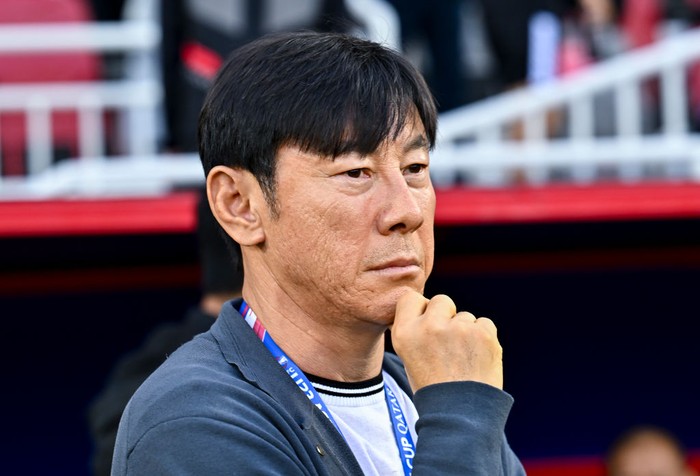 Shin Tae Yong, the Head Coach of Indonesia, is reacting during the AFC U23 Asian Cup Qatar 2024 Semi-Final match between Indonesia and Uzbekistan at Abdullah Bin Khalifa Stadium in Doha, Qatar, on April 29, 2024. (Photo by Noushad Thekkayil/NurPhoto via Getty Images)