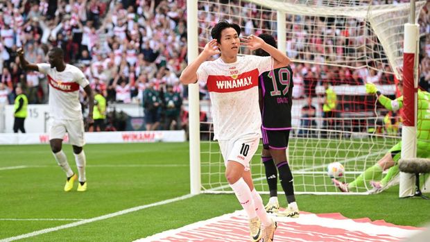 04 May 2024, Baden-Württemberg, Stuttgart: Soccer: Bundesliga, VfB Stuttgart - Bayern Munich, Matchday 32, MHPArena. Stuttgart's Wooyeong Jeong celebrates his goal to make it 2-1. Photo: Bernd Weißbrod/dpa - IMPORTANT NOTE: In accordance with the regulations of the DFL German Football League and the DFB German Football Association, it is prohibited to utilize or have utilized photographs taken in the stadium and/or of the match in the form of sequential images and/or video-like photo series. (Photo by Bernd Weißbrod/picture alliance via Getty Images)
