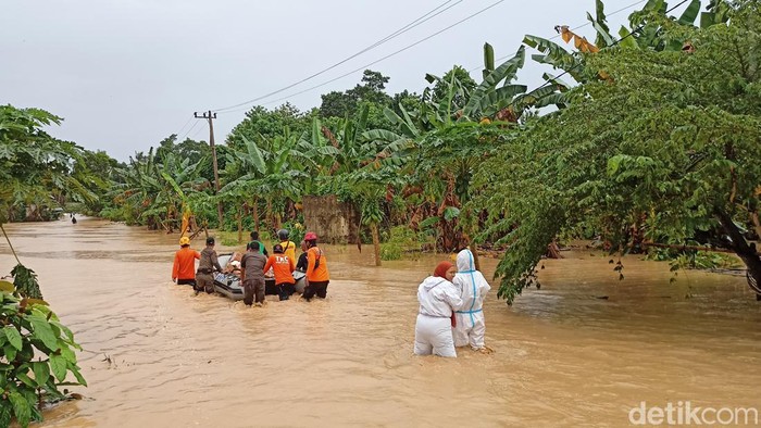 Tim SAR mengevakuasi warga terdampak banjir di Luwu, Sulsel. (Rachmat Ariadi/detikSulsel)
