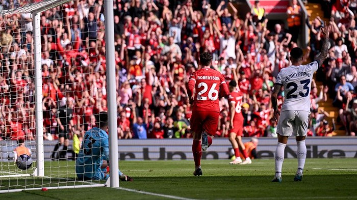 LIVERPOOL, ENGLAND - MAY 05: (THE SUN OUT, THE SUN ON SUNDAY OUT) Andy Robertson of Liverpool celebrates after scoring the second goal during the Premier League match between Liverpool FC and Tottenham Hotspur at Anfield on May 05, 2024 in Liverpool, England. (Photo by Andrew Powell/Liverpool FC via Getty Images)