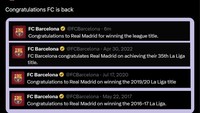 Dan inilah ucapan selamat dari Barca, yang diledek menjadi hal rutin bagi Congratulations FC. Foto: dok. Internet/X (Twitter)