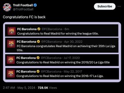 Dan inilah ucapan selamat dari Barca, yang diledek menjadi hal rutin bagi Congratulations FC. Foto: dok. Internet/X (Twitter)