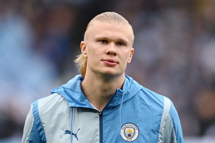 Erling Haaland MANCHESTER, ENGLAND - MAY 04: Erling Haaland of Manchester City looks on before the Premier League match between Manchester City and Wolverhampton Wanderers at Etihad Stadium on May 04, 2024 in Manchester, England. (Photo by Michael Regan/Getty Images) (Photo by Michael Regan/Getty Images)