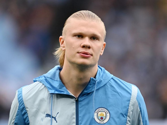 MANCHESTER, ENGLAND - MAY 04: Erling Haaland of Manchester City looks on before the Premier League match between Manchester City and Wolverhampton Wanderers at Etihad Stadium on May 04, 2024 in Manchester, England. (Photo by Michael Regan/Getty Images) (Photo by Michael Regan/Getty Images)
