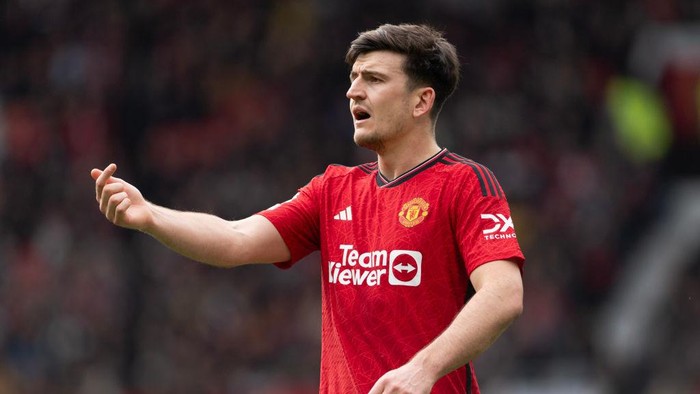 MANCHESTER, ENGLAND - APRIL 27: Harry Maguire of Manchester United in action during the Premier League match between Manchester United and Burnley FC at Old Trafford on April 27, 2024 in Manchester, England.(Photo by Visionhaus/Getty Images)