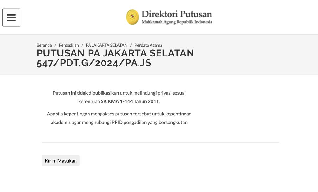 Mahkamah Agung memutuskan untuk menutup akses publik terhadap putusan cerai Ria Ricis dan Teuku Ryan dan dokumen penyertanya seperti dilihat CNNIndonesia.com pada Selasa (7/5).