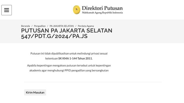 Mahkamah Agung memutuskan untuk menutup akses publik terhadap putusan cerai Ria Ricis dan Teuku Ryan dan dokumen penyertanya seperti dilihat CNNIndonesia.com pada Selasa (7/5).