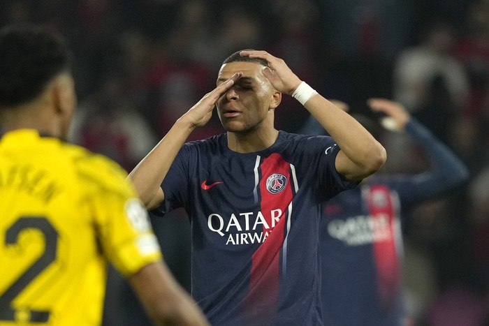 PSGs Kylian Mbappe reacts after the Champions League semifinal second leg soccer match between Paris Saint-Germain and Borussia Dortmund at the Parc des Princes stadium in Paris, France, Tuesday, May 7, 2024. (AP Photo/Lewis Joly)