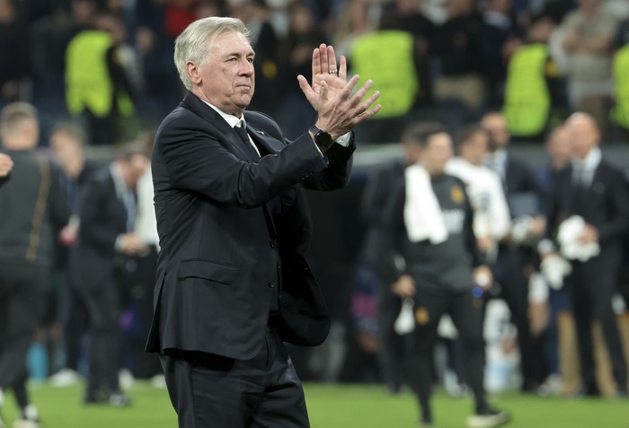 MADRID, SPAIN - MAY 8: Coach of Real Madrid Carlo Ancelotti celebrates the victory following the UEFA Champions League semi-final second leg match between Real Madrid and FC Bayern Muenchen (Bayern Munich) at Estadio Santiago Bernabeu on May 8, 2024 in Madrid, Spain.(Photo by Jean Catuffe/Getty Images)