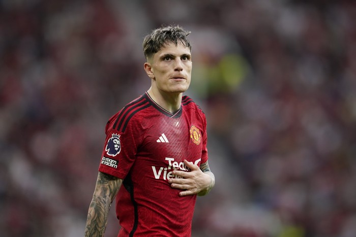 Manchester Uniteds Alejandro Garnacho reacts during the English Premier League soccer match between Manchester United and Arsenal at the Old Trafford Stadium in Manchester, England, Sunday, May 12, 2024. (AP Photo/Dave Thompson)