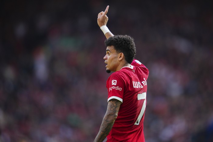 Liverpools Luis Diaz gestures during the English Premier League soccer match between Liverpool and Tottenham Hotspur at Anfield Stadium in Liverpool, England, Sunday, May 5, 2024. (AP Photo/Jon Super)