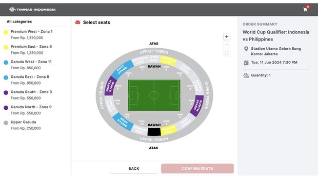 harga tiket dan zona duduk laga Indonesia vs Irak dan Indonesia vs Filipina