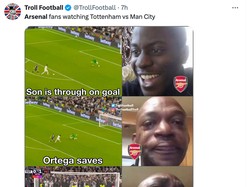 Momen itu jelas bikin fans Arsenal sedih, sebab Tottenham gagal menyamakan skor atas City jelang waktu normal babak kedua habis. Begini reaksinya mungkin, sebab Tottenham malah kebobolan lagi di injury time. (Foto: Twitter @TrollFootball)