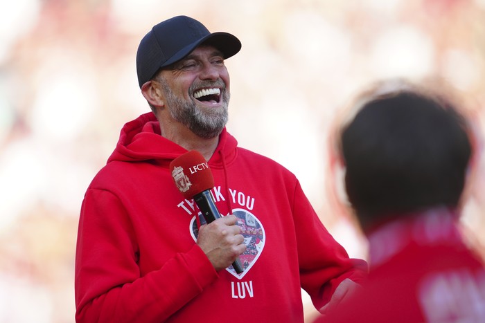 Liverpool's manager Jurgen Klopp reacts after his very last match with Liverpool after the English Premier League soccer match between Liverpool and Wolverhampton Wanderers at Anfield Stadium in Liverpool, England, Sunday, May 19, 2024. (AP Photo/Jon Super)