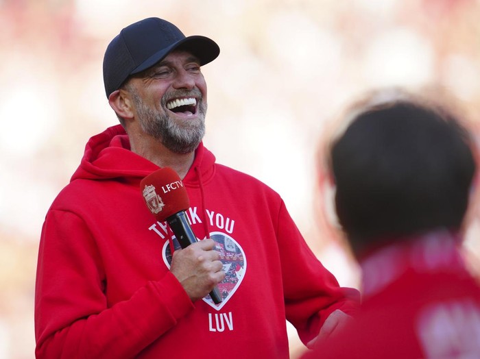 Liverpool's manager Jurgen Klopp reacts after his very last match with Liverpool after the English Premier League soccer match between Liverpool and Wolverhampton Wanderers at Anfield Stadium in Liverpool, England, Sunday, May 19, 2024. (AP Photo/Jon Super)