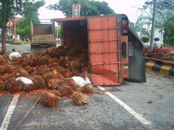 2 Truk Angkut Sawit Terbalik di Jalan Andi Djemma Palopo gegara Sopir Ngantuk