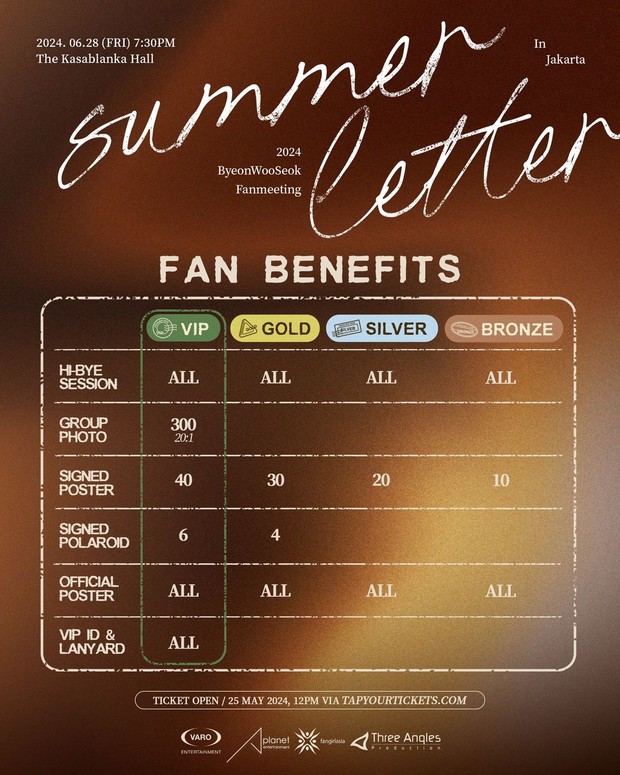 Daftar harga tiket Fan Meeting Byeon Woo Seok 2024 di Jakarta (Foto: Instagram @threeanglesproduction)