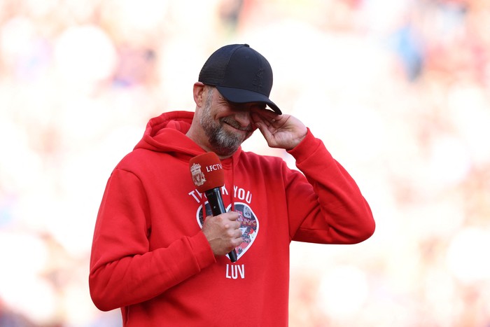 Soccer Football - Premier League - Liverpool v Wolverhampton Wanderers - Anfield, Liverpool, Britain - May 19, 2024 Liverpool manager Juergen Klopp reacts after his last match as Liverpool manager REUTERS/Phil Noble EDITORIAL USE ONLY. NO USE WITH UN
