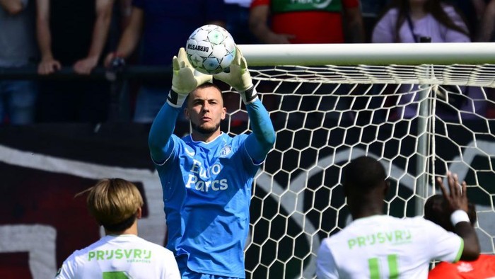 NIJMEGEN - Goalkeeper Justin Bijlow of Feyenoord during the Dutch Eredivisie match between NEC and Feyenoord in De Goffert on May 12, 2024 in Nijmegen, Netherlands. ANP OLAF KRAAK (Photo by ANP via Getty Images)