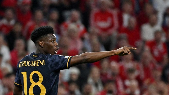 FILE PHOTO: Soccer Football - Champions League - Semi Final - First Leg - Bayern Munich v Real Madrid - Allianz Arena, Munich, Germany - April 30, 2024 Real Madrids Aurelien Tchouameni reacts REUTERS/Angelika Warmuth/File Photo