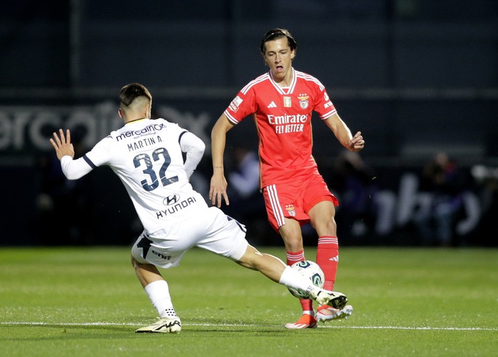 Soccer Football - Primeira Liga - Famalicao v Benfica - Famalicao Municipal Stadium, Vila Nova de Famalicao, Portugal - May 5, 2024  Benficas Alvaro Fernandez in action with Famalicaos Martin Aguirregabiria REUTERS/Miguel Vidal