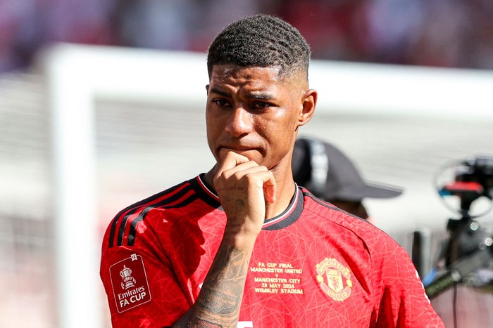 LONDON, ENGLAND - MAY 25: Marcus Rashford of Manchester United at the end of his sides 2-1 win during the Emirates FA Cup Final match between Manchester City and Manchester United at Wembley Stadium on May 25, 2024 in London, England. (Photo by Robin Jones/Getty Images)