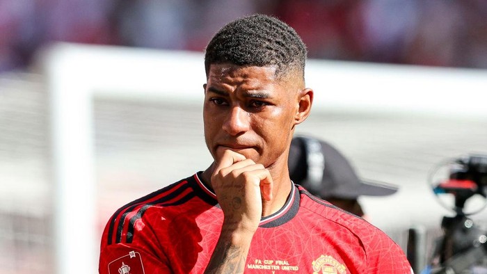 LONDON, ENGLAND - MAY 25: Marcus Rashford of Manchester United at the end of his sides 2-1 win during the Emirates FA Cup Final match between Manchester City and Manchester United at Wembley Stadium on May 25, 2024 in London, England. (Photo by Robin Jones/Getty Images)