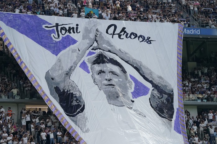 Soccer Football - LaLiga - Real Madrid v Real Betis - Santiago Bernabeu, Madrid, Spain - May 25, 2024 General view of a banner of Real Madrids Toni Kroos as he plays his last home match for the club REUTERS/Ana Beltran