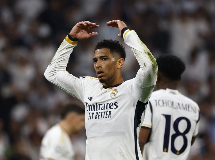 Soccer Football - Champions League - Semi Final - Second Leg - Real Madrid v Bayern Munich - Santiago Bernabeu, Madrid, Spain - May 8, 2024  Real Madrids Jude Bellingham reacts REUTERS/Susana Vera