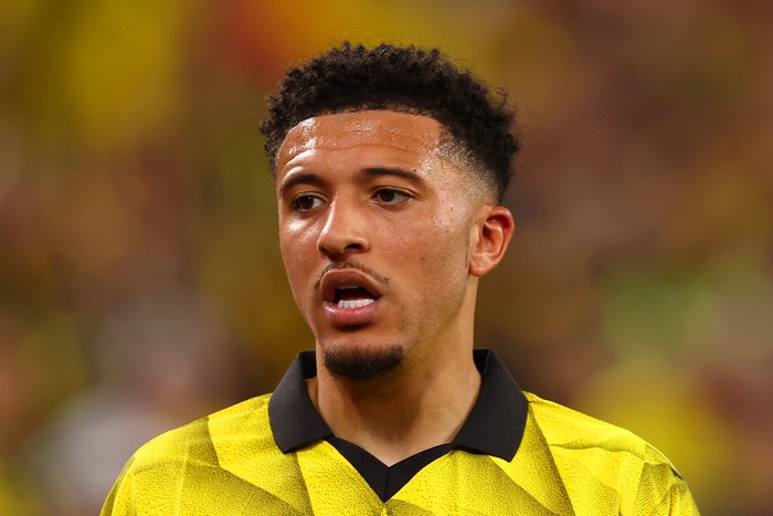 DORTMUND, GERMANY - MAY 01: Jadon Sancho of Borussia Dortmund looks on during the UEFA Champions League semi-final first leg match between Borussia Dortmund and Paris Saint-Germain at Signal Iduna Park on May 01, 2024 in Dortmund, Germany. (Photo by Chris Brunskill/Fantasista/Getty Images