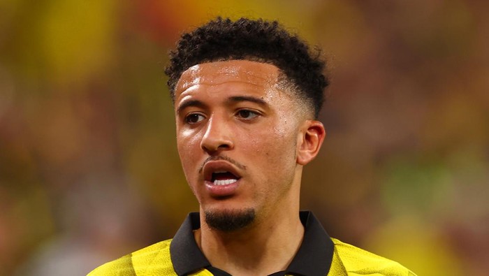 DORTMUND, GERMANY - MAY 01: Jadon Sancho of Borussia Dortmund looks on during the UEFA Champions League semi-final first leg match between Borussia Dortmund and Paris Saint-Germain at Signal Iduna Park on May 01, 2024 in Dortmund, Germany. (Photo by Chris Brunskill/Fantasista/Getty Images