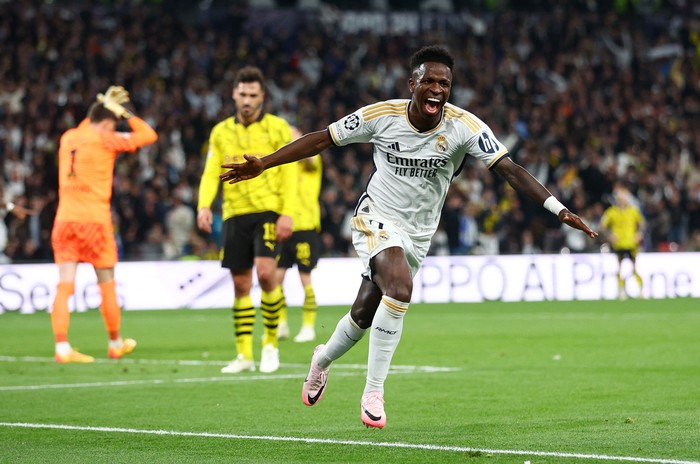 Vinicius Soccer Football - Champions League - Final - Borussia Dortmund v Real Madrid - Wembley Stadium, London, Britain - June 1, 2024 Real Madrid's Vinicius Junior celebrates scoring their second goal REUTERS/Carl Recine
