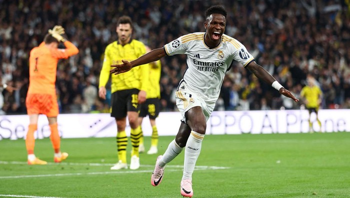 Soccer Football - Champions League - Final - Borussia Dortmund v Real Madrid - Wembley Stadium, London, Britain - June 1, 2024 Real Madrids Vinicius Junior celebrates scoring their second goal REUTERS/Carl Recine