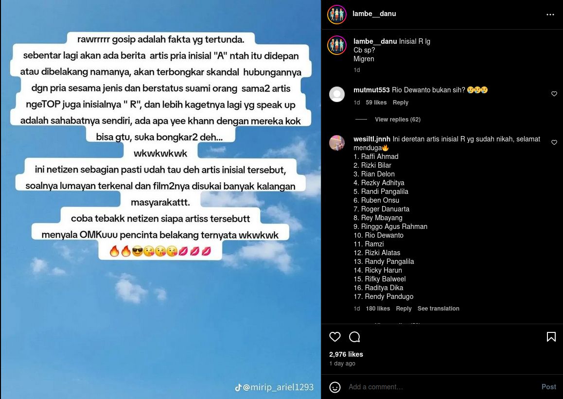 Unggahan tentang artis pria sesama jenis