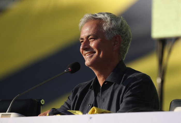 Soccer Football - Fenerbahce appoint Jose Mourinho as coach - Sukru Saracoglu Stadium, Istanbul, Turkey - June 2, 2024 New Fenerbahce coach Jose Mourinho reacts during the presentation REUTERS/Dilara Senkaya