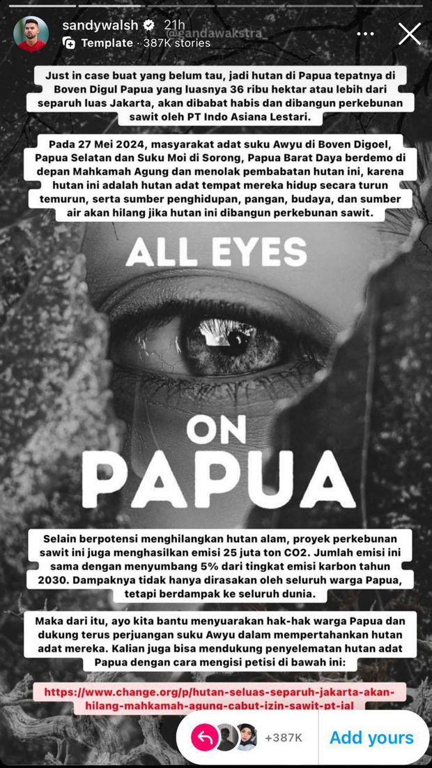Sandy Walsh ikut gerakan All Eyes in Papua.