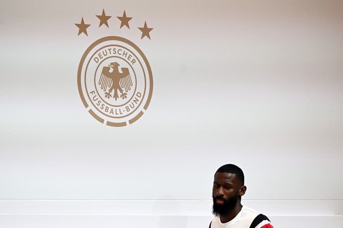 05 June 2024, Bavaria, Herzogenaurach: Soccer: National team, European Championship preparation, training camp, training, Germanys Antonio Rüdiger arrives at the press conference. Photo: Federico Gambarini/dpa (Photo by Federico Gambarini/picture alliance via Getty Images)