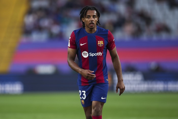 BARCELONA, SPAIN - MAY 19: Jules Kounde of FC Barcelona looks on during the LaLiga EA Sports match between FC Barcelona and Rayo Vallecano at Estadi Olimpic Lluis Companys on May 19, 2024 in Barcelona, Spain. (Photo by Eric Alonso/Getty Images)