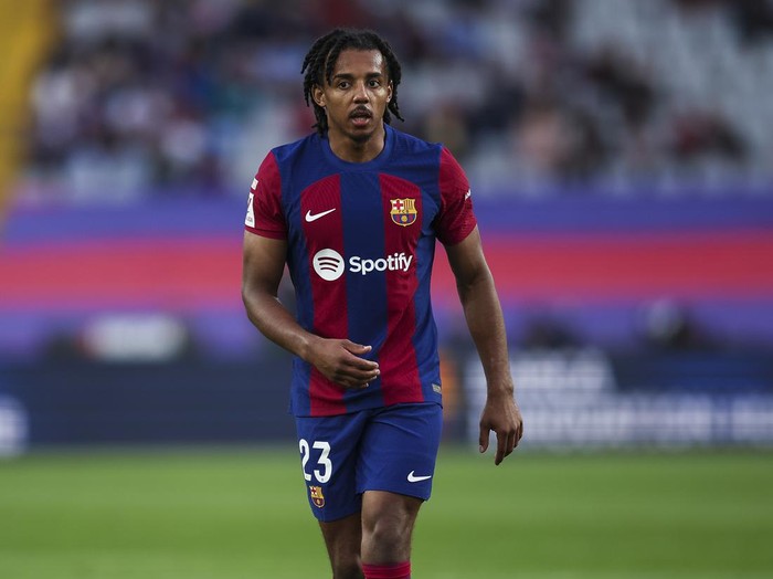 BARCELONA, SPAIN - MAY 19: Jules Kounde of FC Barcelona looks on during the LaLiga EA Sports match between FC Barcelona and Rayo Vallecano at Estadi Olimpic Lluis Companys on May 19, 2024 in Barcelona, Spain. (Photo by Eric Alonso/Getty Images)