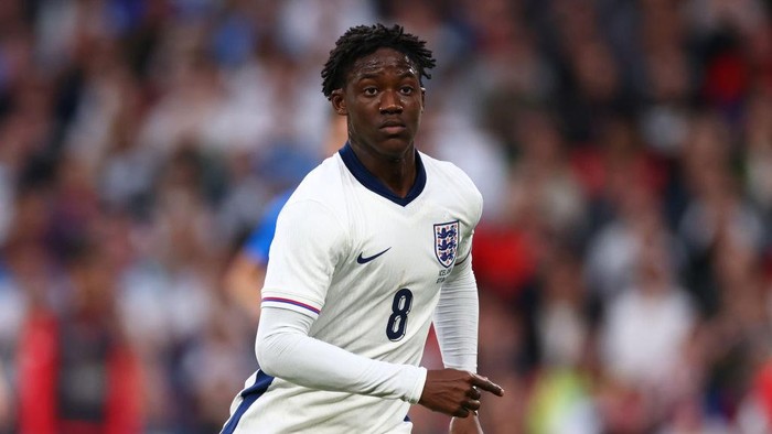 LONDON, ENGLAND - JUNE 07: Kobbie Mainoo of England during the international friendly match between England and Iceland at Wembley Stadium on June 07, 2024 in London, England. (Photo by Marc Atkins/Getty Images)