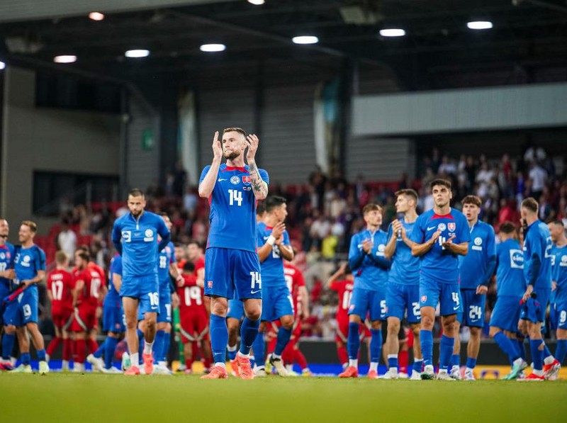 TRNAVA, SLOVAKIA - JUNE 9: Milan Skriniar of Slovakia and team mates celebrate their victory after the international friendly match between Slovakia and Wales at Anton Malatinsky Stadium on June 9, 2024 in Trnava, Slovakia.(Photo by Christian Hofer/Getty Images)