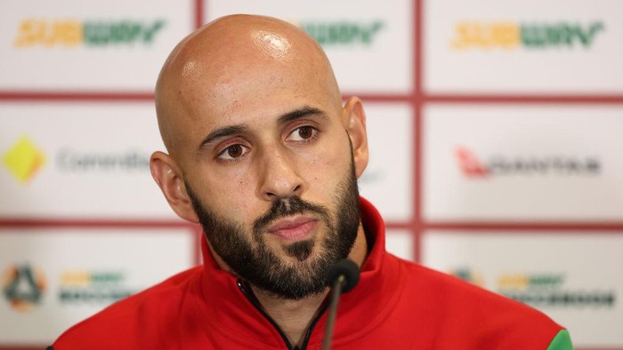 PERTH, AUSTRALIA - JUNE 10: Mohammed Rashid of Palestine addresses the media during the Palestine press conference at HBF Park on June 10, 2024 in Perth, Australia. (Photo by Paul Kane/Getty Images)