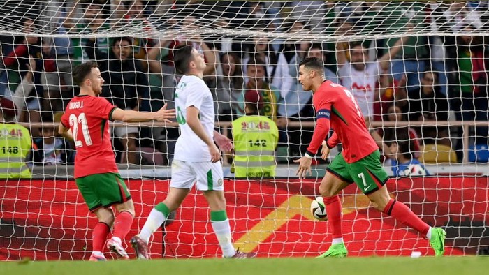 Aveiro , Portugal - 11 June 2024; Cristiano Ronaldo of Portugal celebrates after scoring his sides third goal during the international friendly match between Portugal and Republic of Ireland at Estádio Municipal de Aveiro in Aveiro, Portugal. (Photo By Stephen McCarthy/Sportsfile via Getty Images)